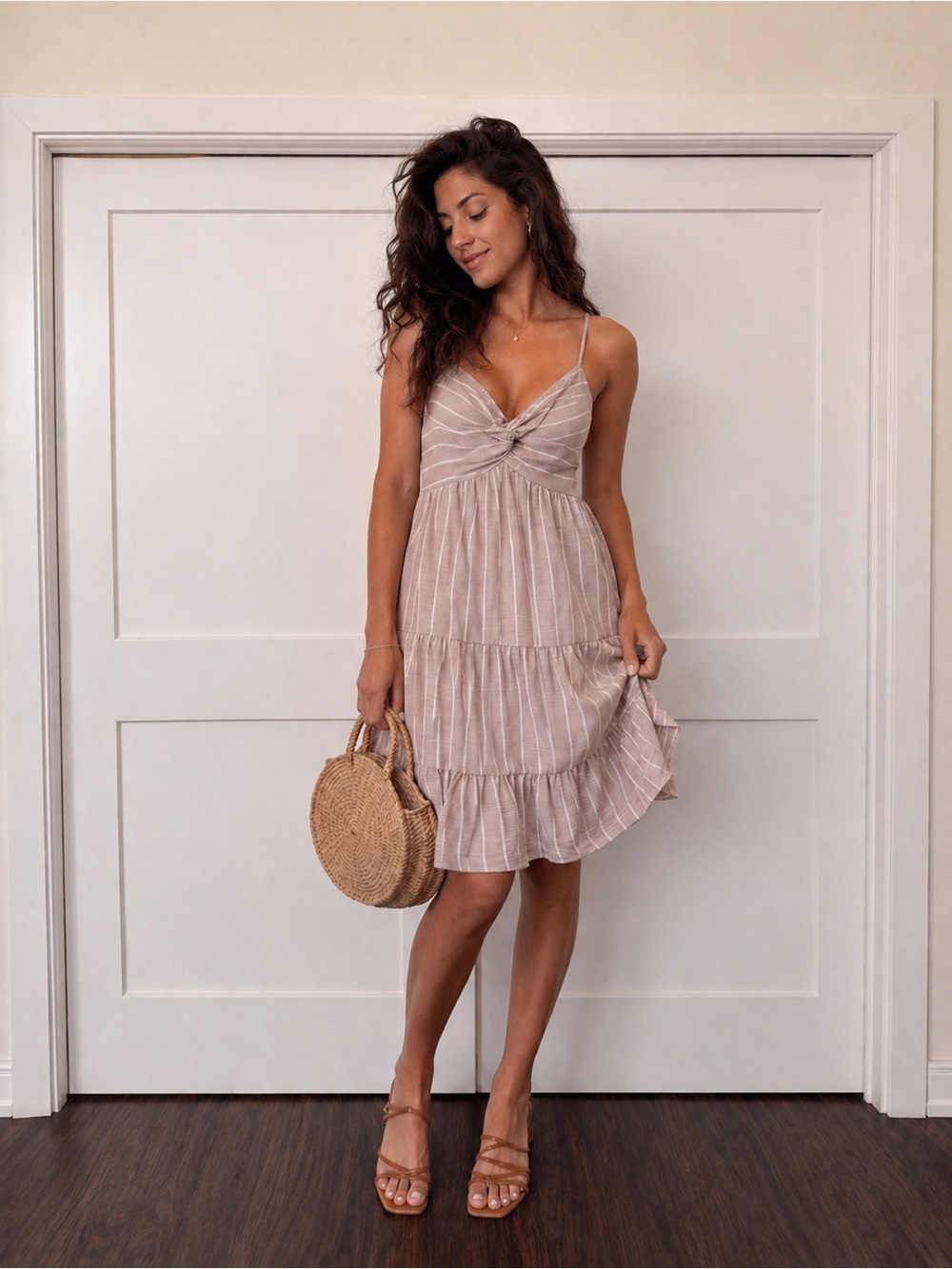 Striped Light Beige Twist-Front Sundress with Spaghetti Straps